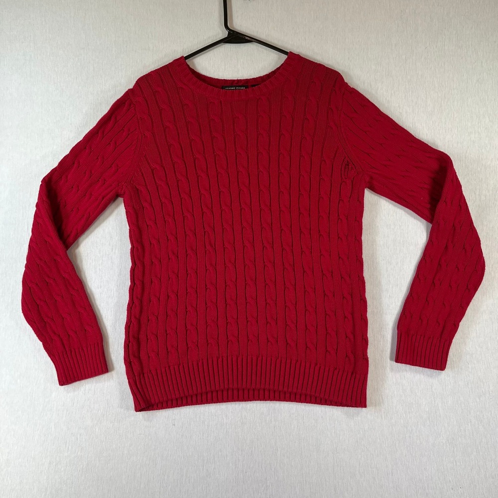 Jeanne Pierre Women Large Cable Knit Cotton Crewneck Sweater Red Soft Cozy